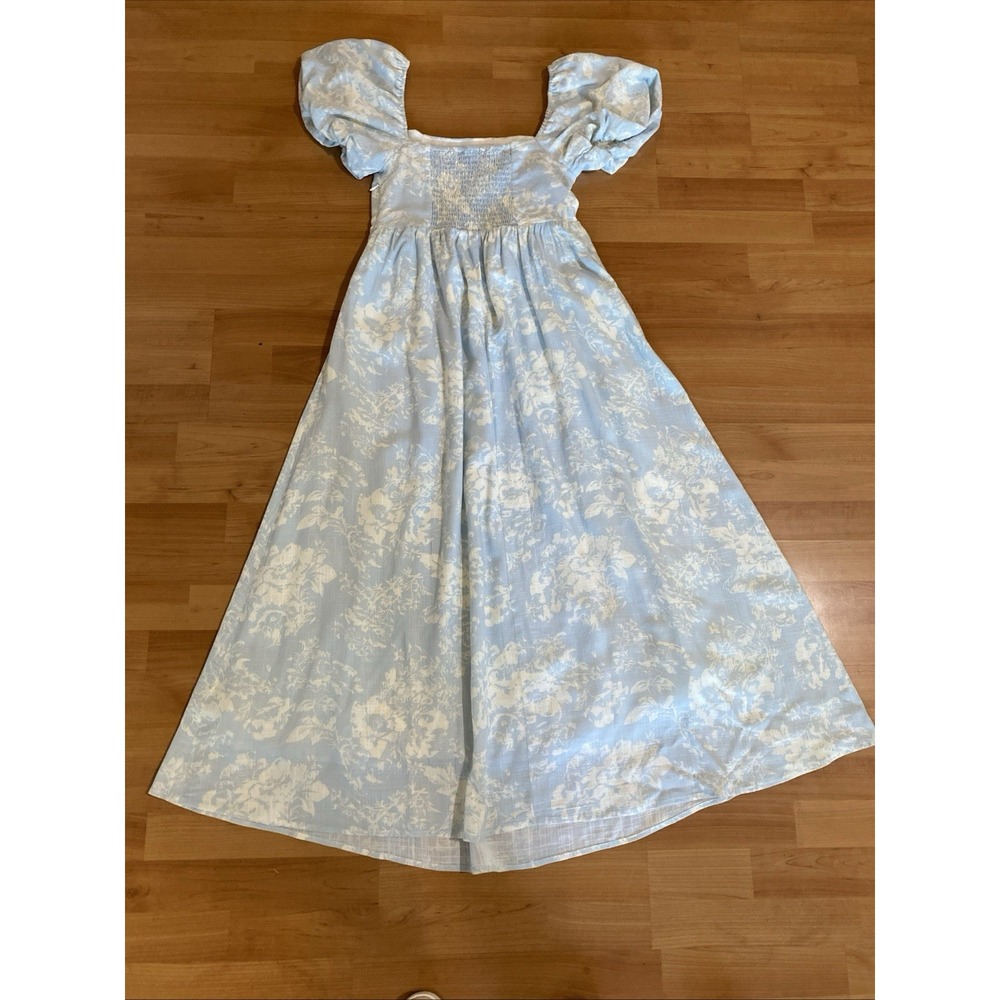 O.P.T  Zeoli Puff Sleeve Linen Blend Midi Blue White Floral Dress Size S Cottage - Picture 11 of 14